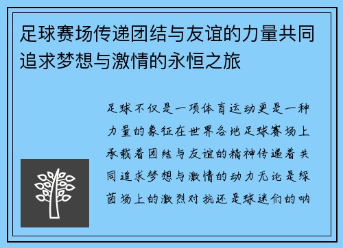 足球赛场传递团结与友谊的力量共同追求梦想与激情的永恒之旅