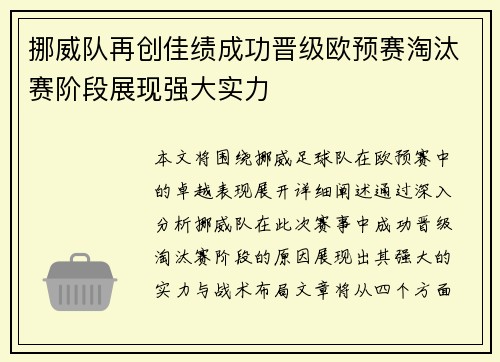 挪威队再创佳绩成功晋级欧预赛淘汰赛阶段展现强大实力