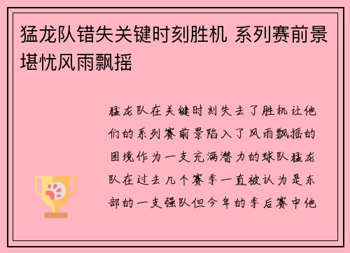 猛龙队错失关键时刻胜机 系列赛前景堪忧风雨飘摇