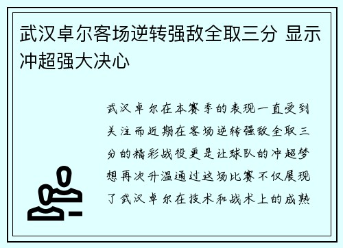 武汉卓尔客场逆转强敌全取三分 显示冲超强大决心