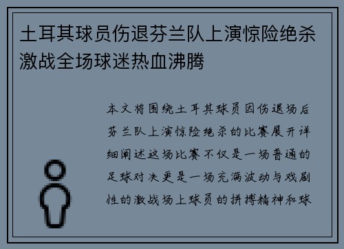 土耳其球员伤退芬兰队上演惊险绝杀激战全场球迷热血沸腾